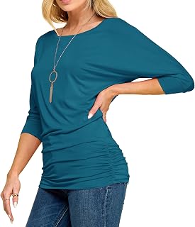 Made By Johnny Women's Casual Boat Neck and V-Neck 3/4 Sleeve Draped Dolman Top with Side Shirring Premium Shirt