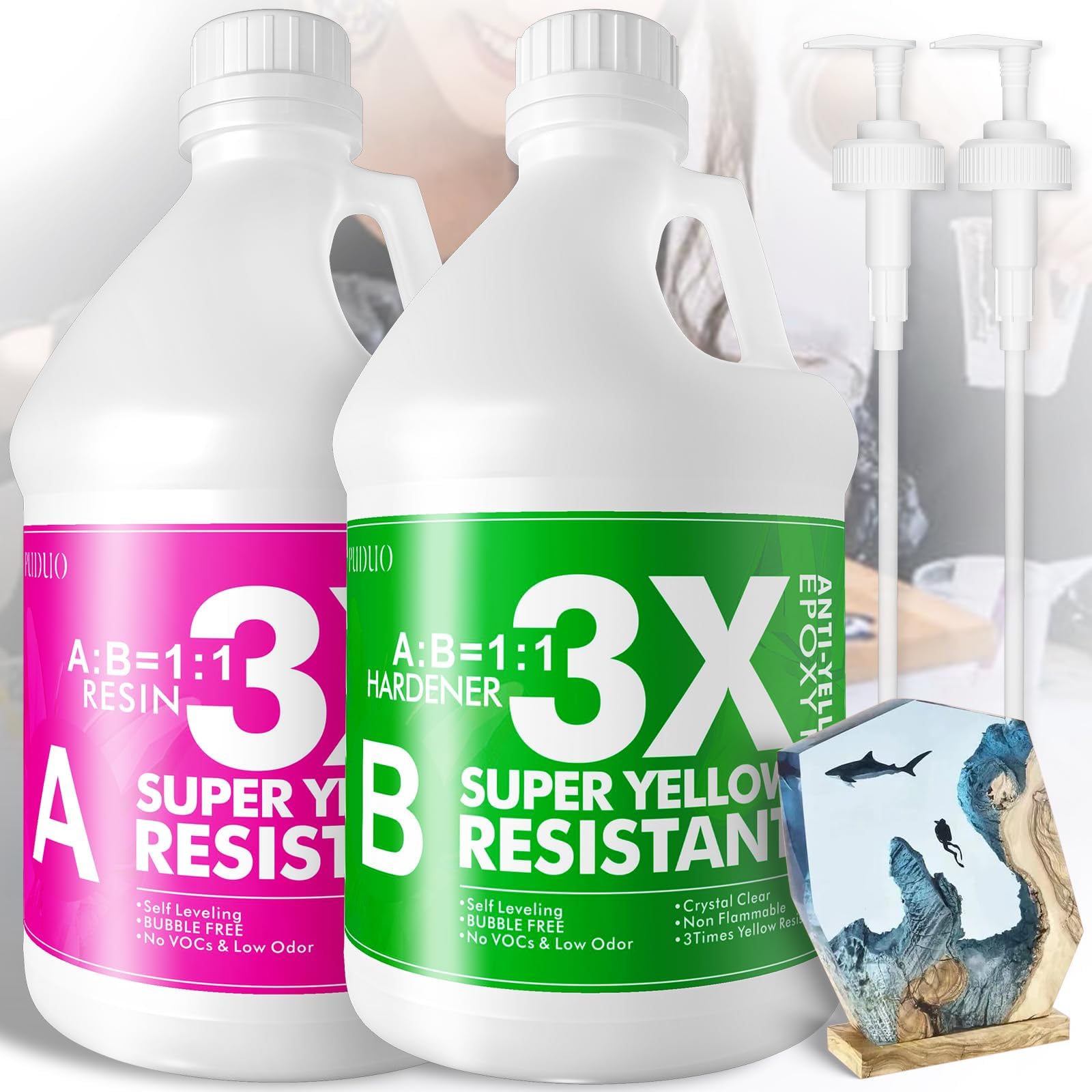 Puduo Crystal Clear Epoxy Resin 1 Gallon Kit with Pump, Anti-Yellowing Resin for Art, Jewelry Making, Casting, Silicone Molds, Crafting