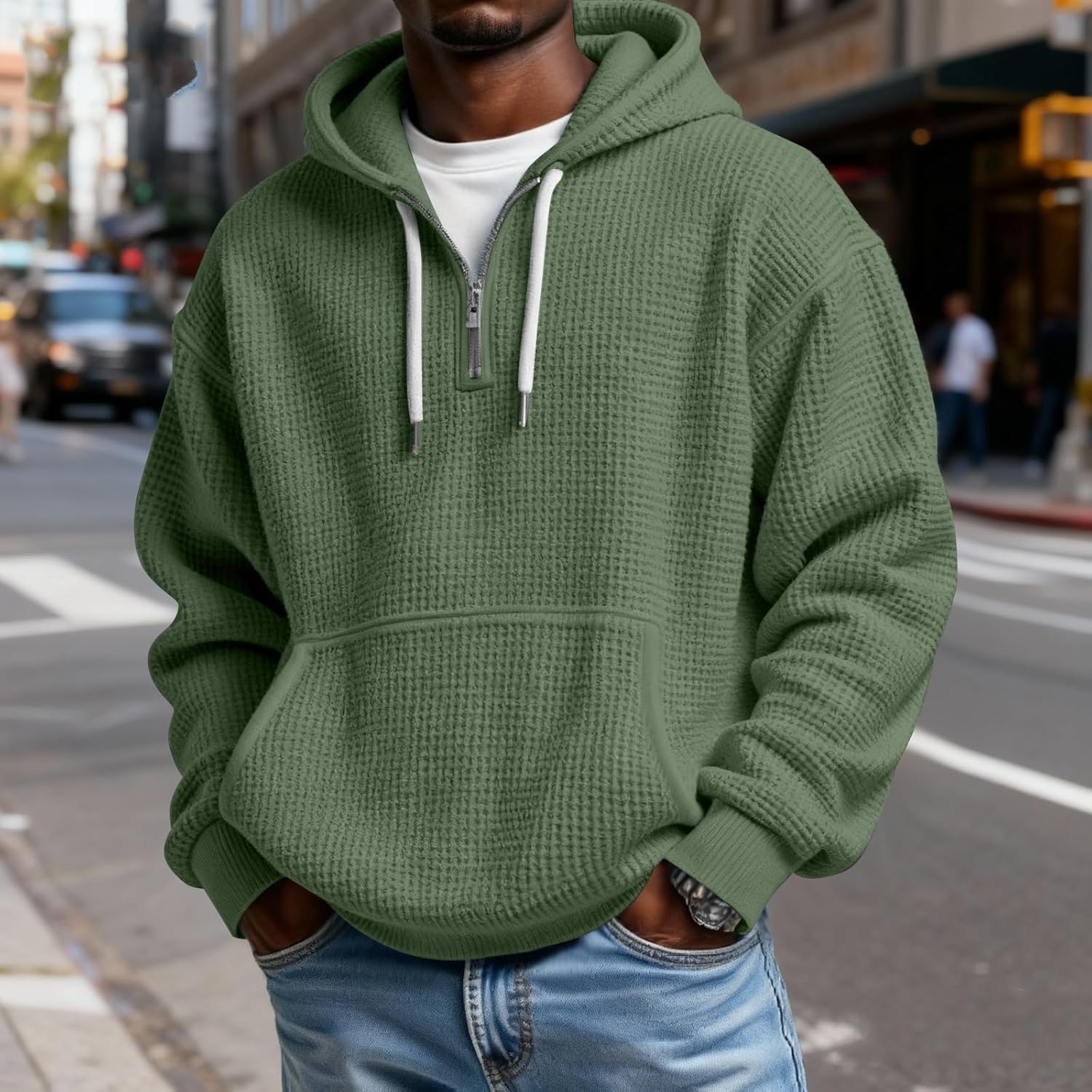 Quarter Zip Pullover Men Hoodie Oversized Hooded Sweatshirt Waffle Long Sleeve Mokaloha Shirts Winter Fashion Clothes - Image 2