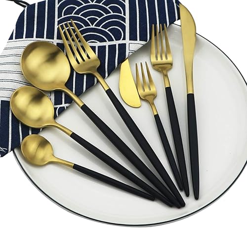 Miniatura 3 de Gugrida - Juego de cubiertos en oro negro de acero inoxidable 1810, con mango negro mate, incluye tenedores, cucharas y cuchillos (10 piezas),