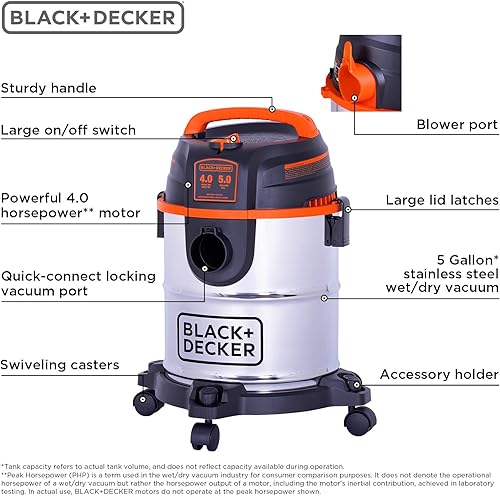 Miniatura 6 de BLACK+DECKER Shop Aspiradora húmeda y seca, aspiradora de acero inoxidable 3 en 1 de 5 galones con accesorios, aspiradora de 4 HP, para taller,