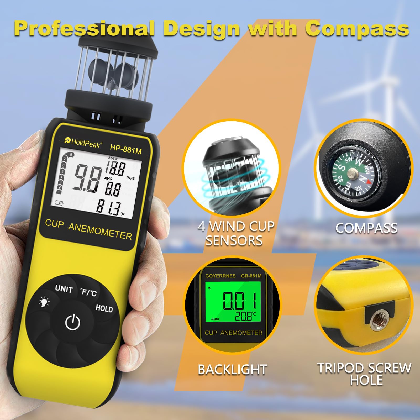 Anémomètre Numérique, HoldPeak 881M Vitesse du Vent de Mètre 4 Cups Wind Speed Meter 0.7~42m/s Compteur de Vitesse du Vent et Température (℃/℉) avec Boussole, pour Tir, Pêche, Voile, Kitesurf