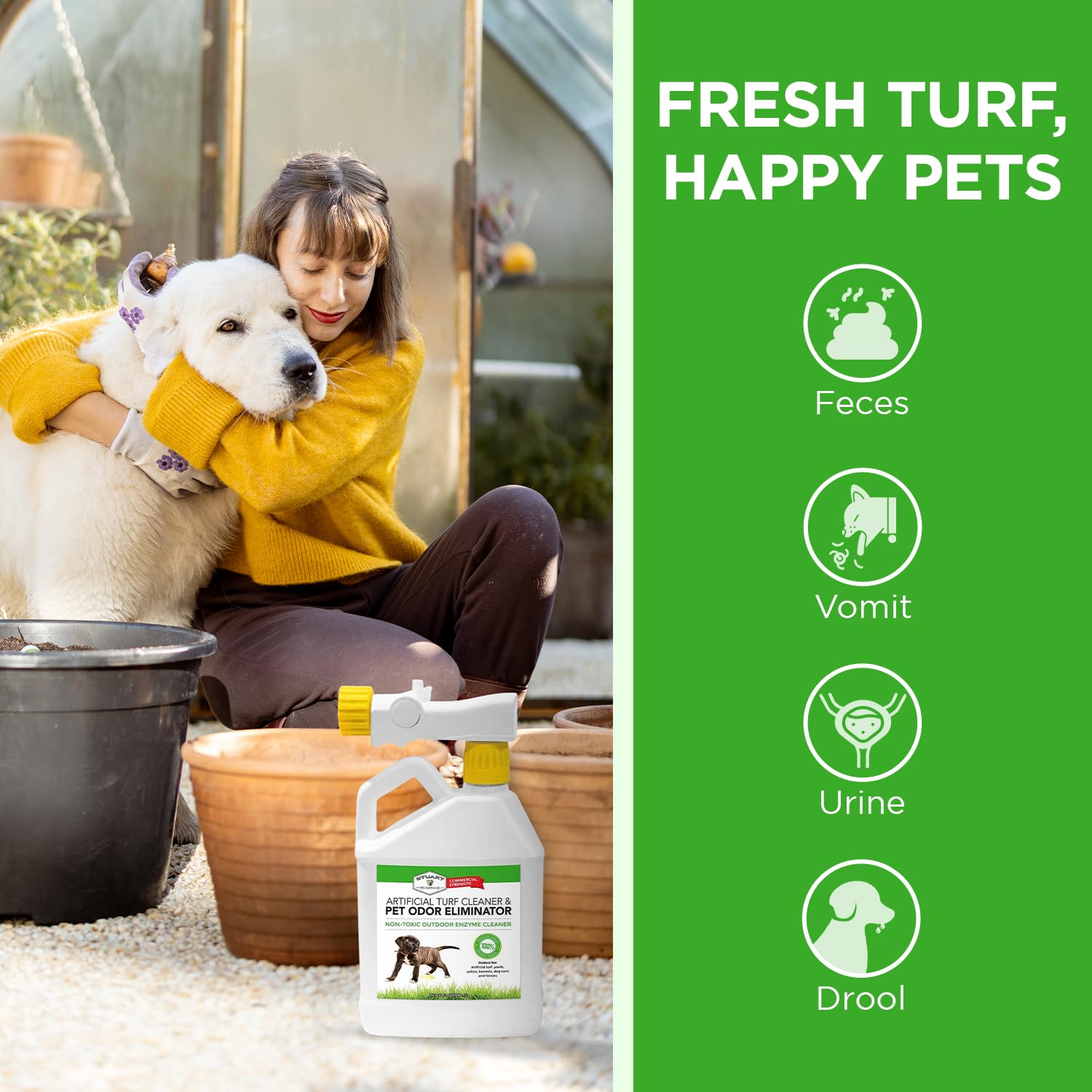 Stuart Pet Supply - Limpiador de césped artificial y concentrado eliminador de olores de mascotas al aire libre es ideal para patios, césped artificial y patios, gran eliminador de olores de patio