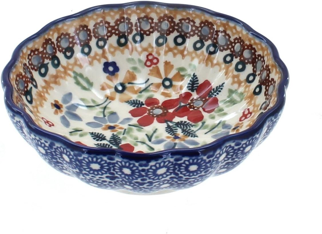 Blue Rose Polish Pottery - Red Daisy Small Scallop Bowl - 4.5" Diameter - Unique Dish for Appetizers, Nuts, or Candy