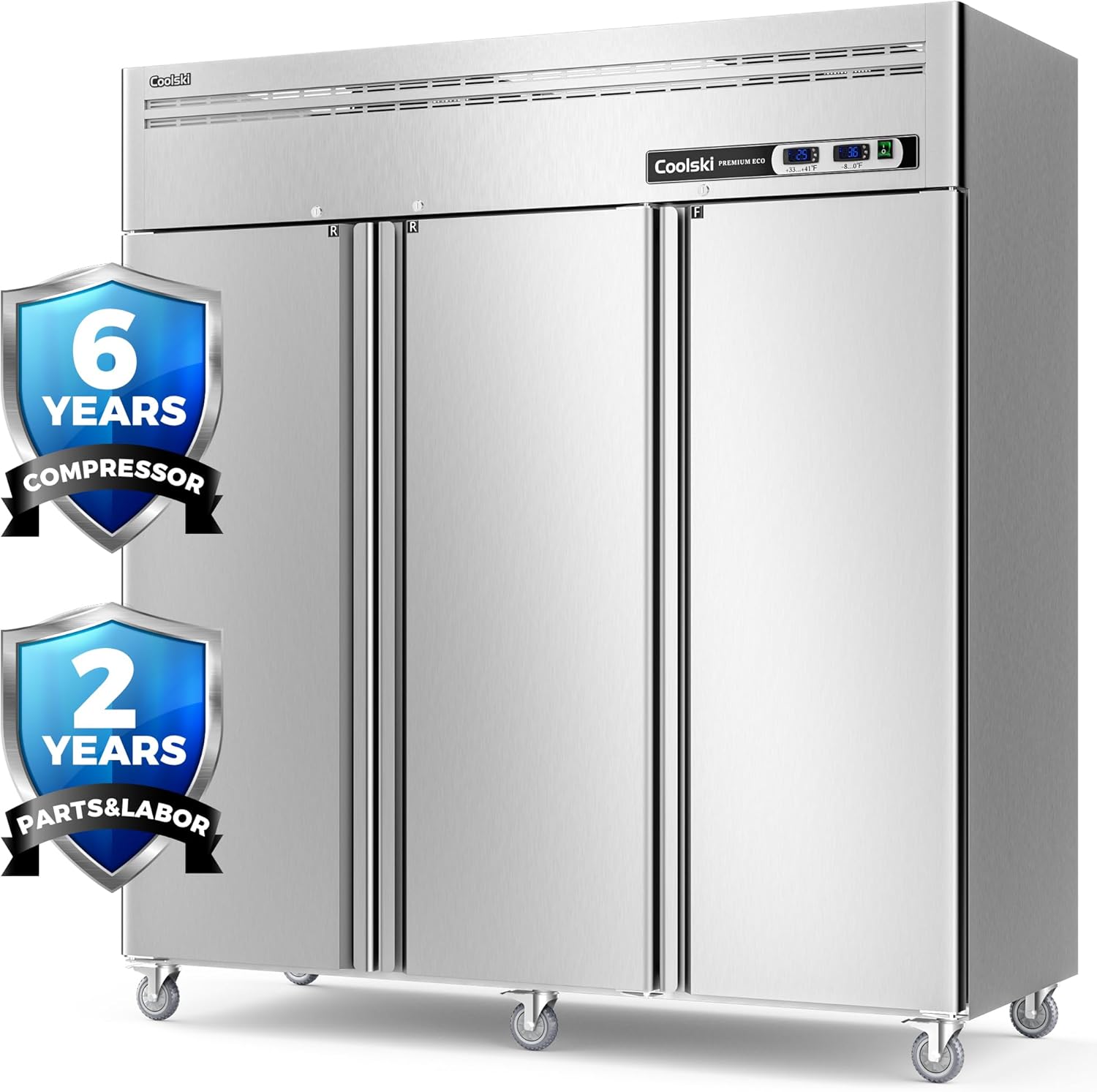 Coolski Commercial Freezer Reach-in 54 Cu.ft, 72" W 3 Section Stainless Steel Solid Door Fan Cooling Commercial Refrigerator and Freezer Combo for Restaurant, Garage, Food Truck, School, Church