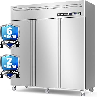 Coolski Commercial Freezer Reach-in 54 Cu.ft, 72" W 3 Section Stainless Steel Solid Door Fan Cooling Commercial Refrigerator and Freezer Combo for Restaurant, Garage, Food Truck, School, Church