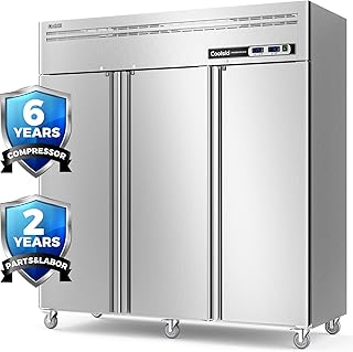 Coolski Commercial Freezer Reach-in 54 Cu.ft, 72" W 3 Section Stainless Steel Solid Door Fan Cooling Commercial Refrigerator and Freezer Combo for Restaurant, Garage, Food Truck, School, Church