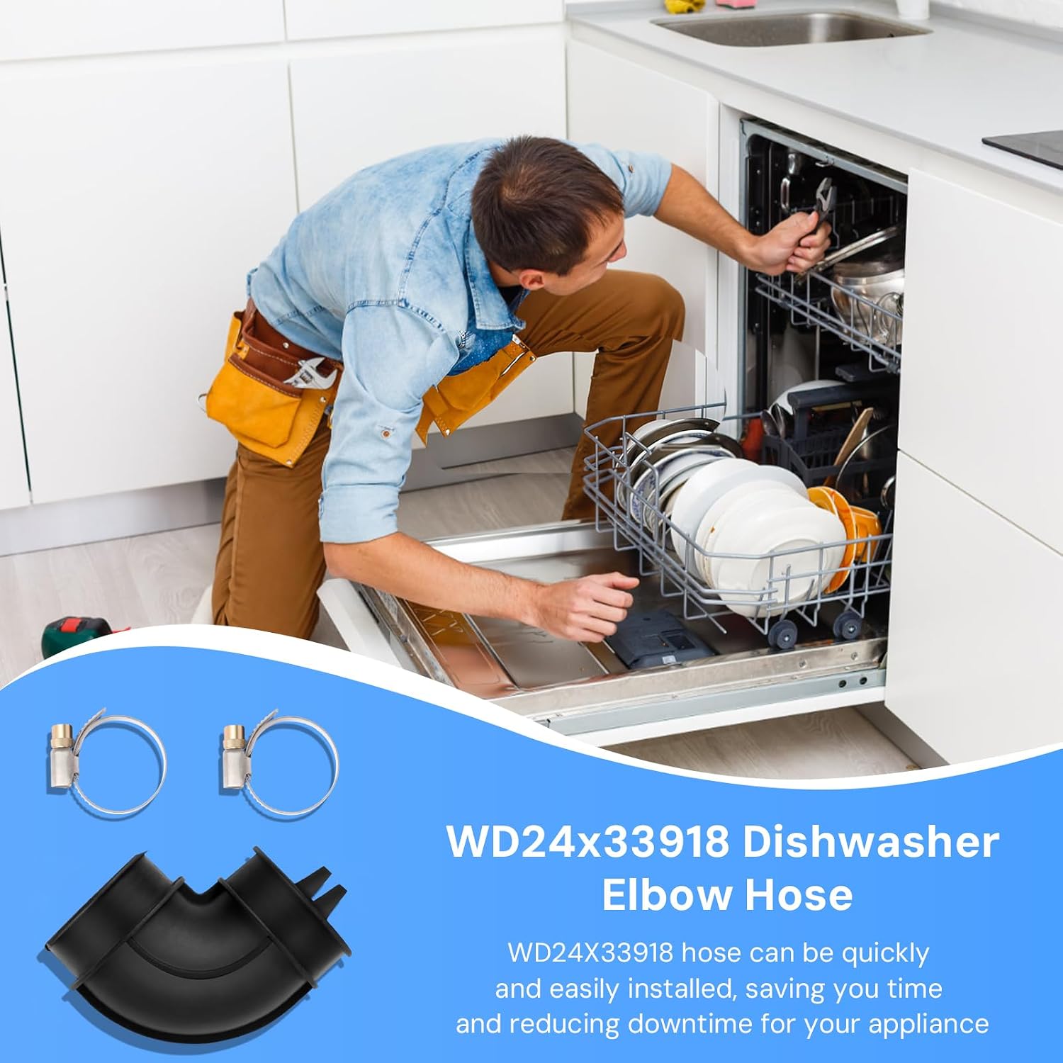 WD24X33918 For GE Dishwasher Circulation Pump To Sump Elbow Hose Dishwashersand Clamps Kit Fit GE WD19X25460, WD19X25700