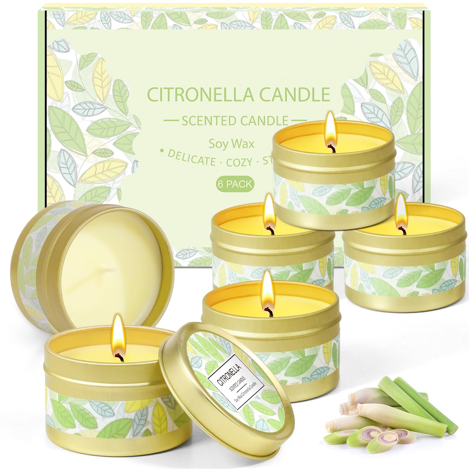 Candele alla Citronella, 100% Cera di Soia Naturale, Candela Citronella Set Esterno ed Interno per Giardino, Balcone, Campeggio, 6 Candele