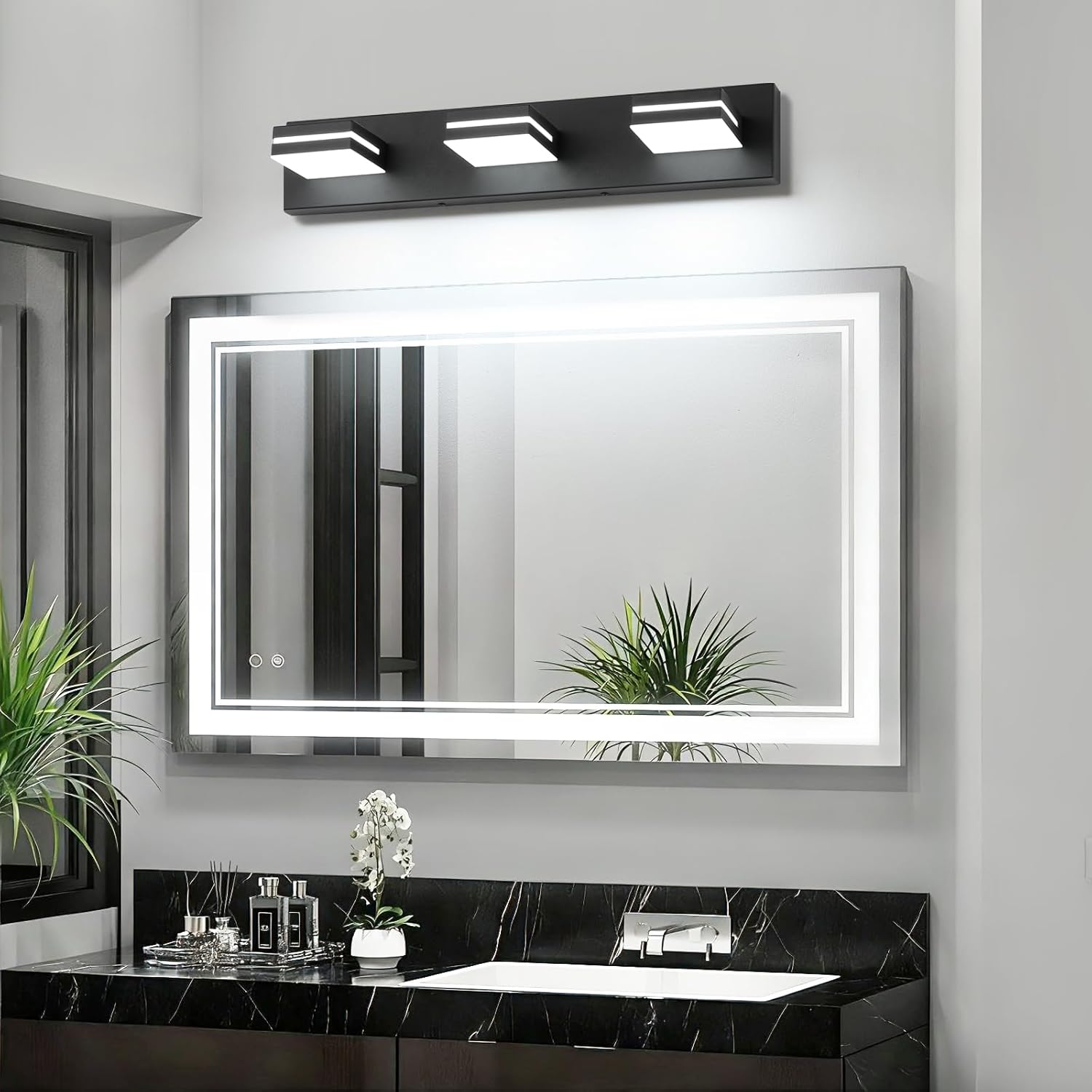 SineRise LED Modern Bathroom Vanity Light Fixtures, Modern Acrylic Bathroom Wall Lighting Fixtures Over Mirror (Cool White 6000K) (3-Light, 24-Inch), Matte Black- Non-dimmable
