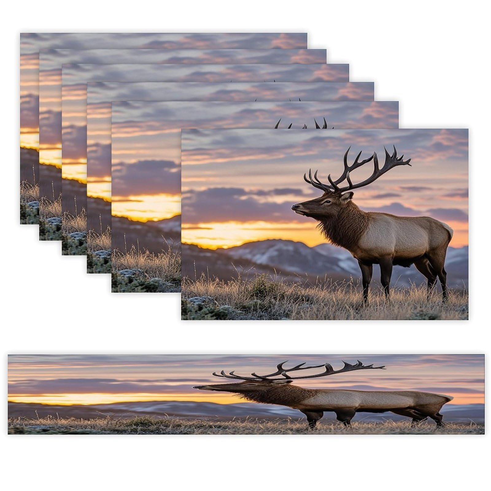 Red Deer Bull Elk Sunset Table Runner and Placemats Set of 6 Stain Resistant Heat Resistant Place Mats for Kitchen Dining Table Mats Long Table Runner Modern Art Dining Decor for Daily Use