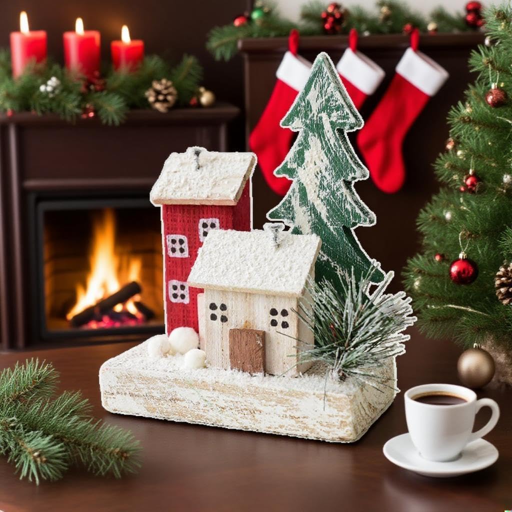 Small Christmas Snow Village House Miniature Figurine Winter Desktop Ornament Gift Display Collectible Building for Holiday, Style C