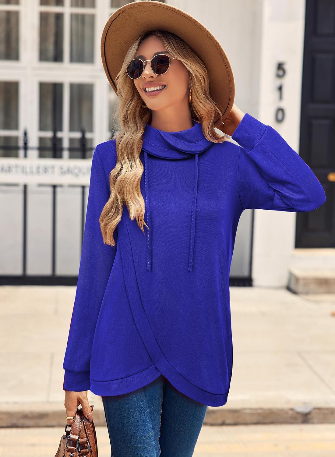 Bulotus Tunic Sweatshirt for Women 2025 Fall Winter Cowl Neck Long Sleeve Tops Pullover Tulip Hem Drawstring Trendy - Image 3