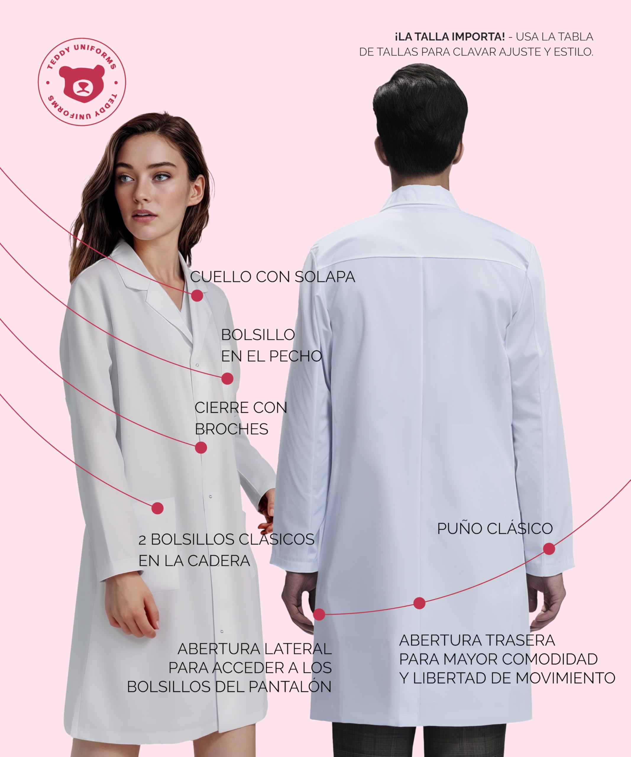 Bata clínica para Hombres y Mujeres, Unisex, múltiples Bolsillos, Ajuste Regular, Cierre a presión