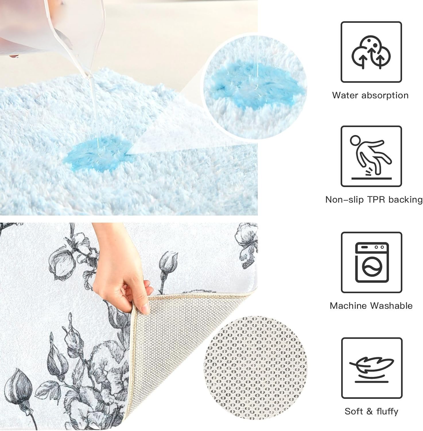 White Black Birds Bathroom Rugs Set 2 Piece - Ultra Soft Bath Mat Non Slip Toilet Mat Absorbent Plush Shaggy Bath Rugs for Tub, Shower, Bath Room, Machine Wash