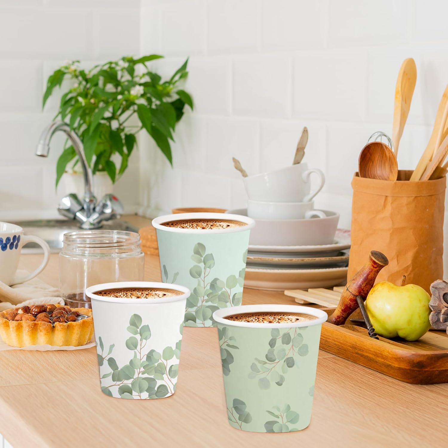 RUSPEPA 5oz Disposable Paper Cups, Bathroom Cups Small Mouthwash, 100 Pack Set Eucalyptus Leaf Design, Perfect for Hot/Cold Beverage Coffee, Dessert for Birthday Parties, Home-use, Picnic, BBQ, Travel - Image 4