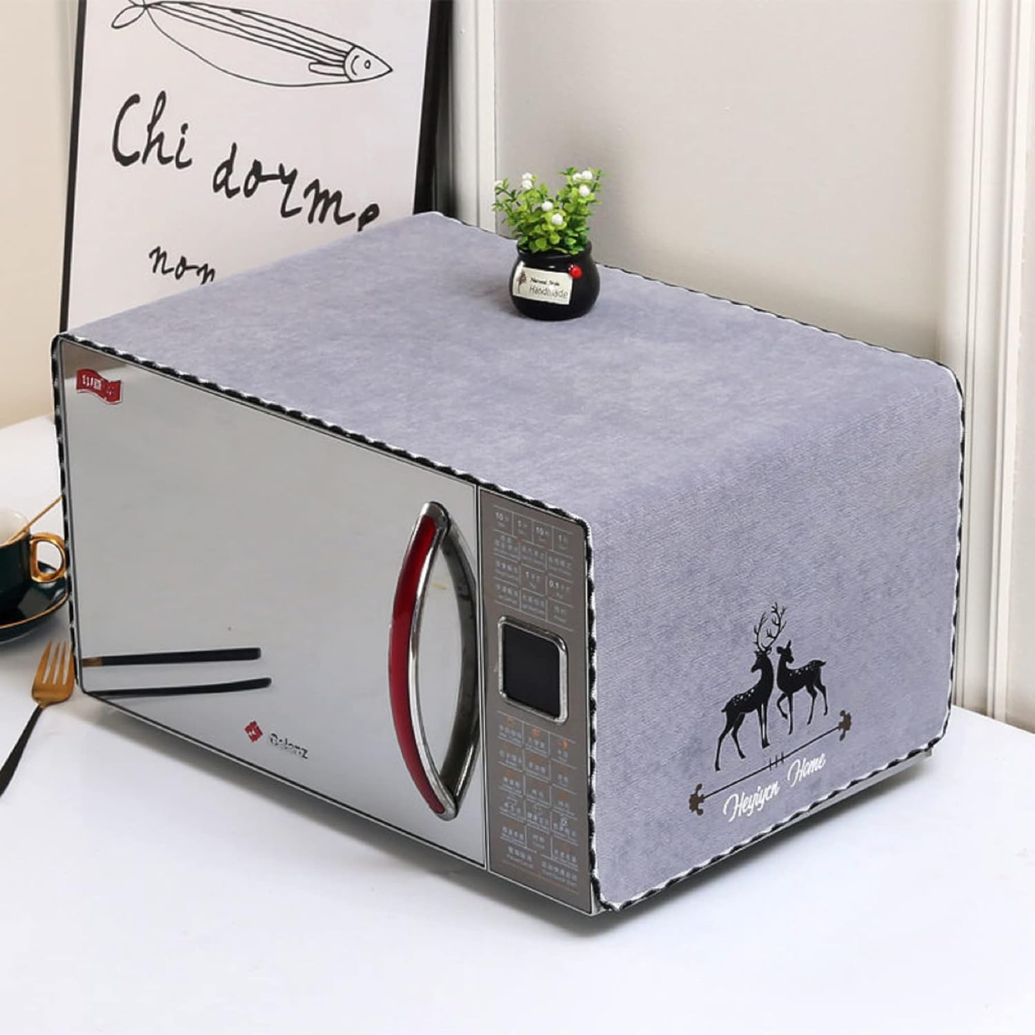 Xpandio Decorative Microwave Oven Cover Non Slip Cotton Linen Fabric Cloth Machine Protector with Deer Design Scalloped Edge, 100 x 35 cm (GREY)-image-23