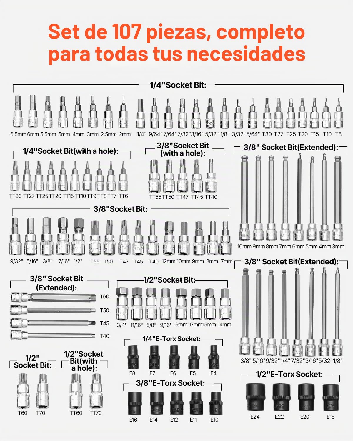 VEVOR 107 PCS Juego de Vasos con Punta, SAE y Métricos, Hexagonales/Torx/Torx Externo/a Prueba de Manipulaciones/Extralargos, Acero de Aleación S2 y Acero Cr-V, con Impulsores de 1/4", 3/8" y 1/2"