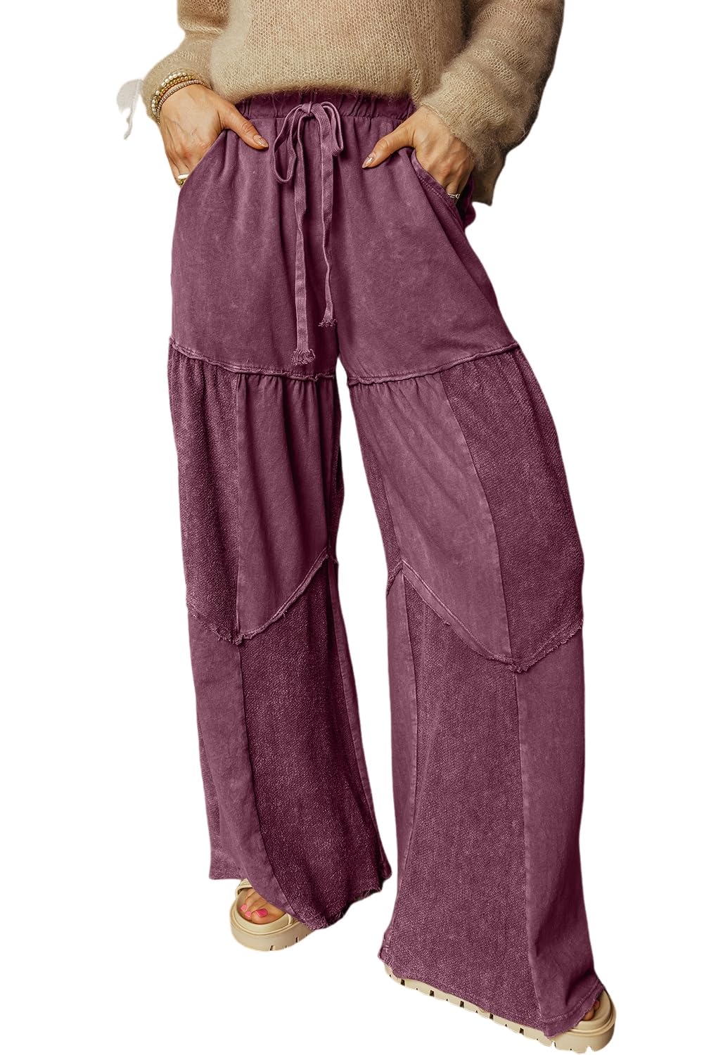 MARZXIN Western Pants for Women Black Mineral Wash Tiered Wide Leg Patchwork Drawstring Pants