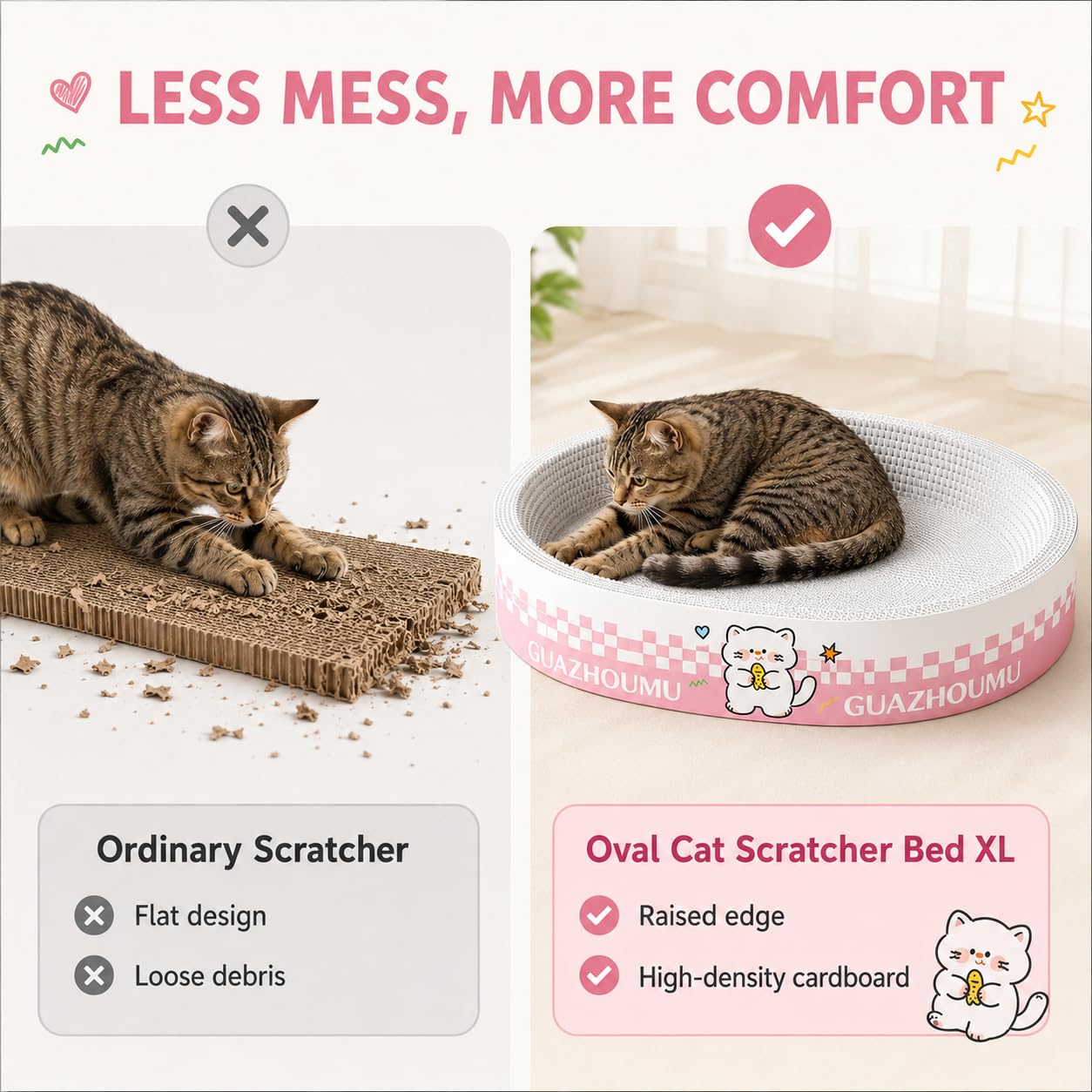 XQLY - Tiragraffi ovale XL, 2 in 1, in cartone ad alta densità, protezione per mobili per gatti da interni, adatto fino a 11,3 kg, 55 x 38,5 x 9 cm