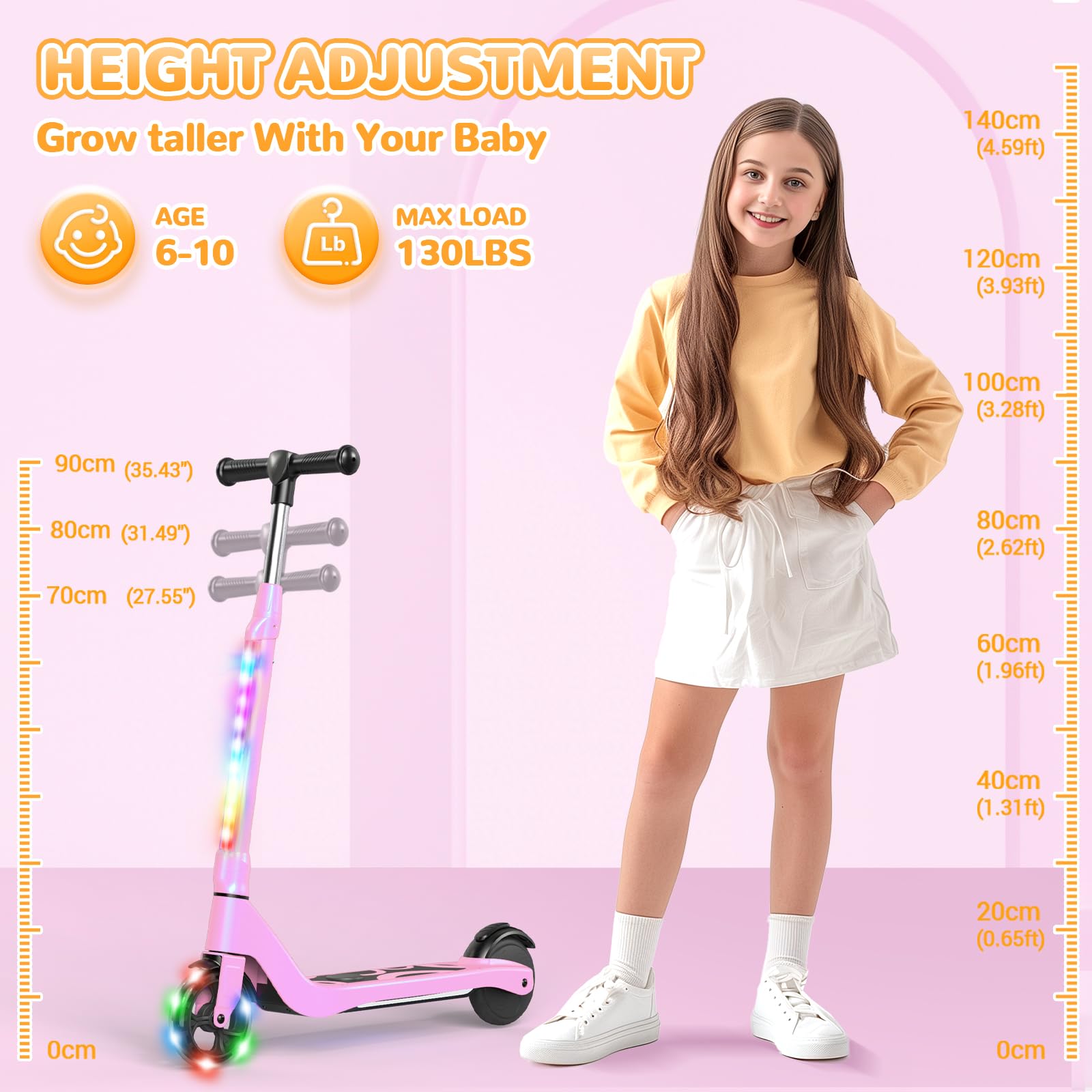 SISIGAD Monopattino elettrico per bambini da 6 a 10 anni, scooter elettrico per bambini da 5,3 pollici con luci LED e 3 altezze regolabili, carico massimo 70 kg, velocità massima 10 km/h, autonomia