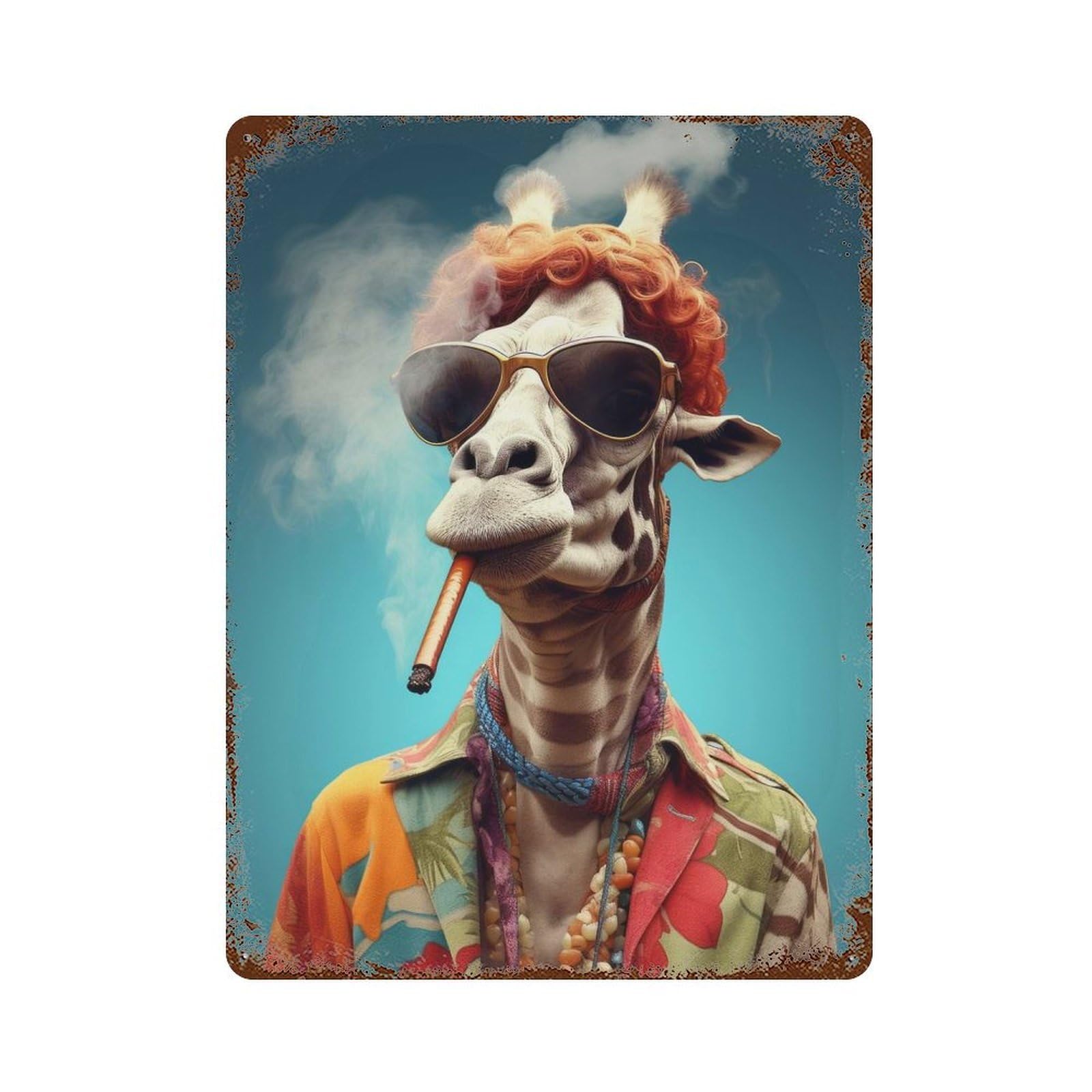 Distressed Metal Wall Sign Hippie Giraffe Smoking 15.7"x11.8", Decorative Metal Wall Art for Farmhouse, Kitchen And Entryway Decor