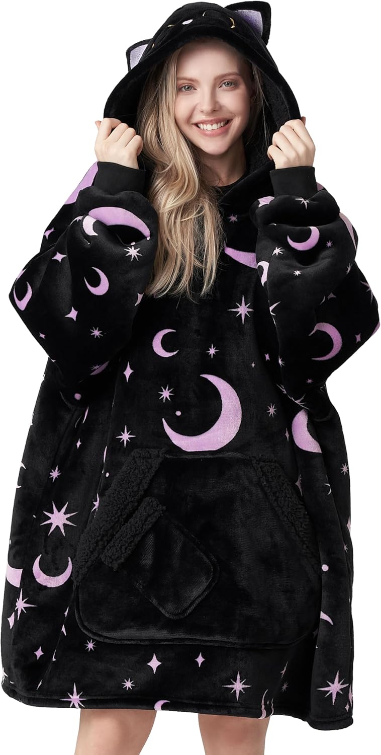 Giggling Getup Wearable Blanket Hoodie for Women and Men Sherpa Fleece Hooded Blanket Sweatshirt Warm Cozy Sherpa Wearable Throw Oversized Hoodie with Giant Pocket & Sleeves for Adult Halloween Cat Black Cat Adult