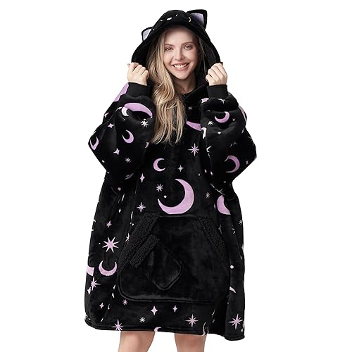 Giggling Getup Wearable Blanket Hoodie for Women and Men Sherpa Fleece Hooded Blanket Sweatshirt Warm Cozy Sherpa Wearable Throw Oversized Hoodie with Giant Pocket & Sleeves for Adult Halloween Cat