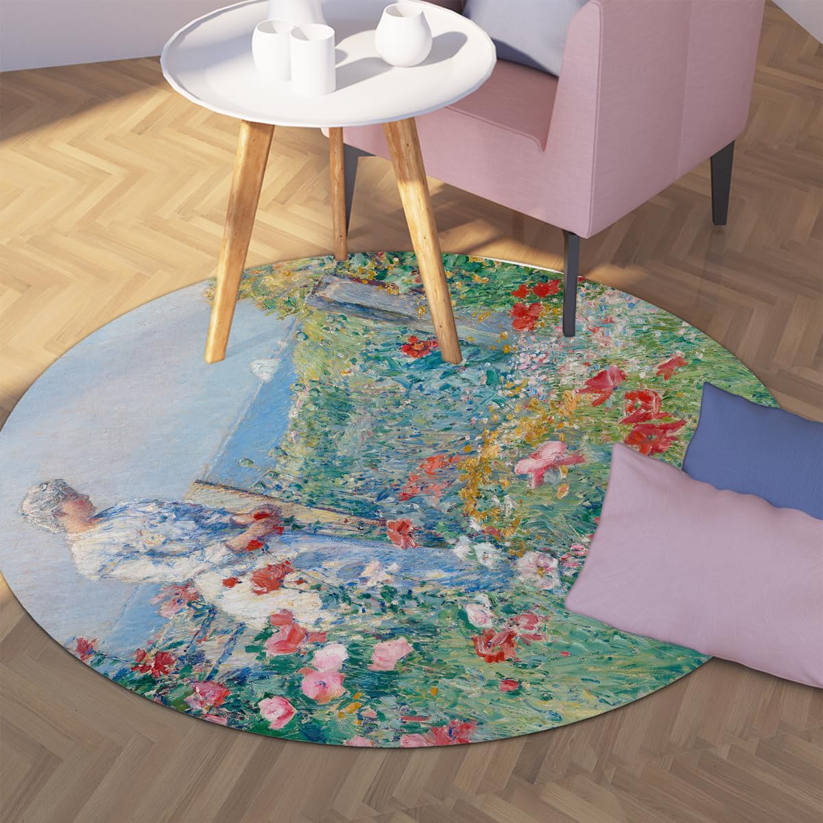 Peinture à l’Huile Style Rond Tapis 100cm dans Le Jardin Imprimer antidérapant pépinière intérieur Lavable Cercle Porte Tapis pour vestiaire Appartement Maison