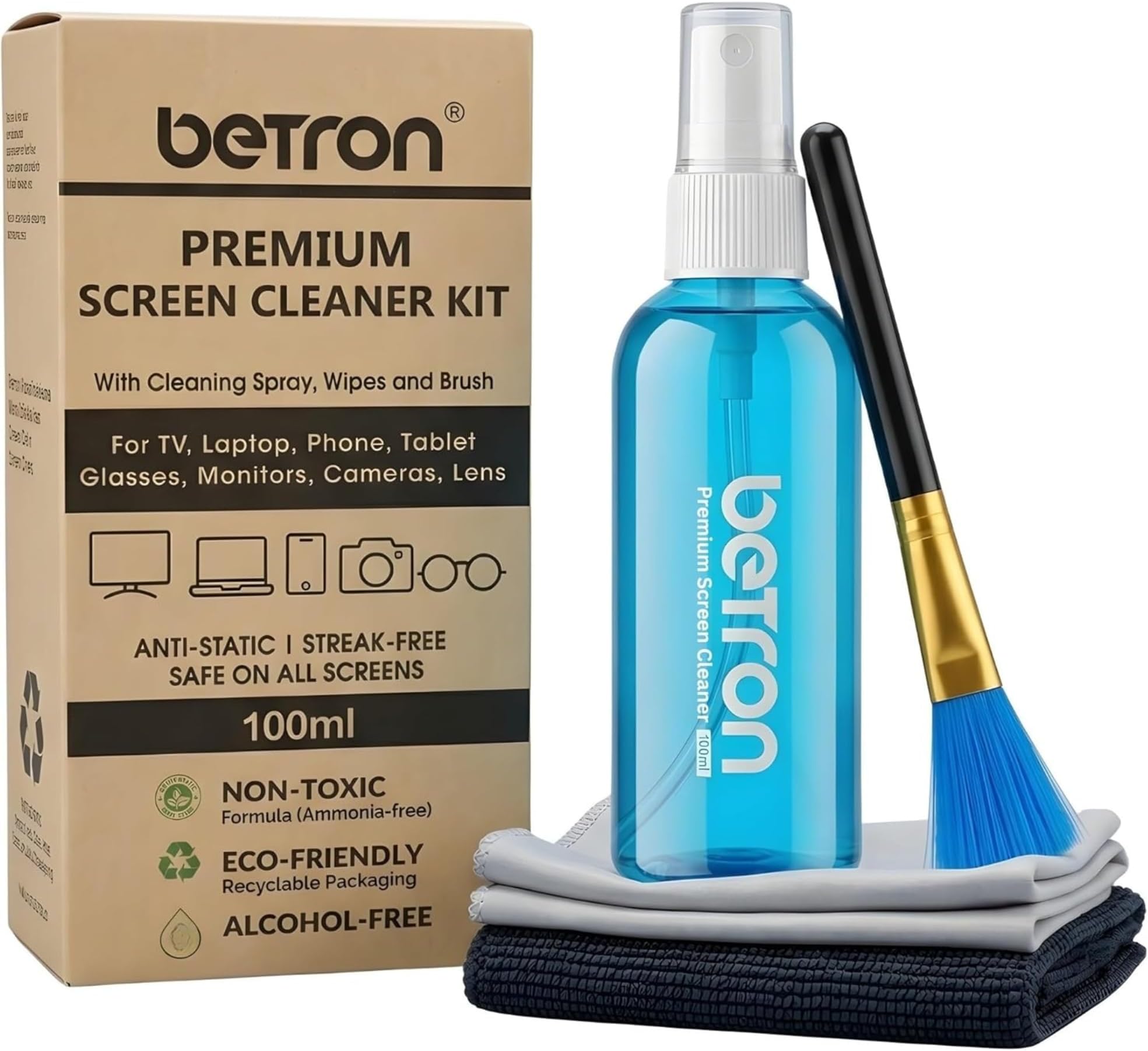 Betron Screen Cleaner Spray Kit with Cloth for TV, Laptop, Monitor, 100ml