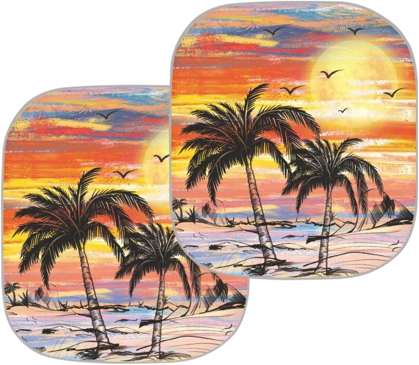 COEQINE Art Ocean Theme Palme Tress Theme Sun Shade, 2 Pieces Windshield Sun Shade with Waterproof, Foldable Keep Vehicle Cool Protector Your Car,Tropical Island Sunset Theme image 2