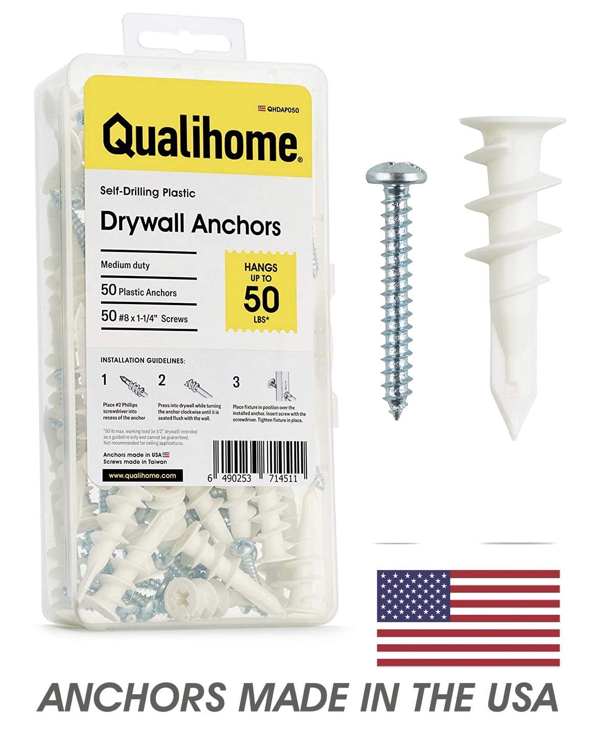 Plastic Self Drilling Drywall Anchors with Screws Kit, 100 Pieces All Together, Anchors Made in USA: Industrial & Scientific