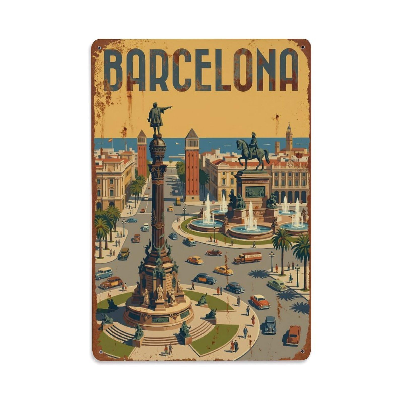Vintage Travel Statues Spain Monumental Metal Tin Sign