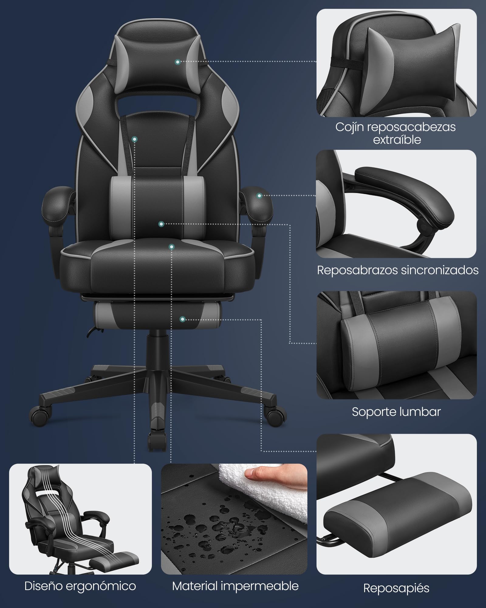 SONGMICS Silla de Oficina, Silla Gaming Ergonómica, con Reposapiés Telescópico, Respaldo Ajustable, Reposacabezas y Soporte Lumbar, Carga de 150 kg, Negro Tinta y Gris Paloma OBG073B03