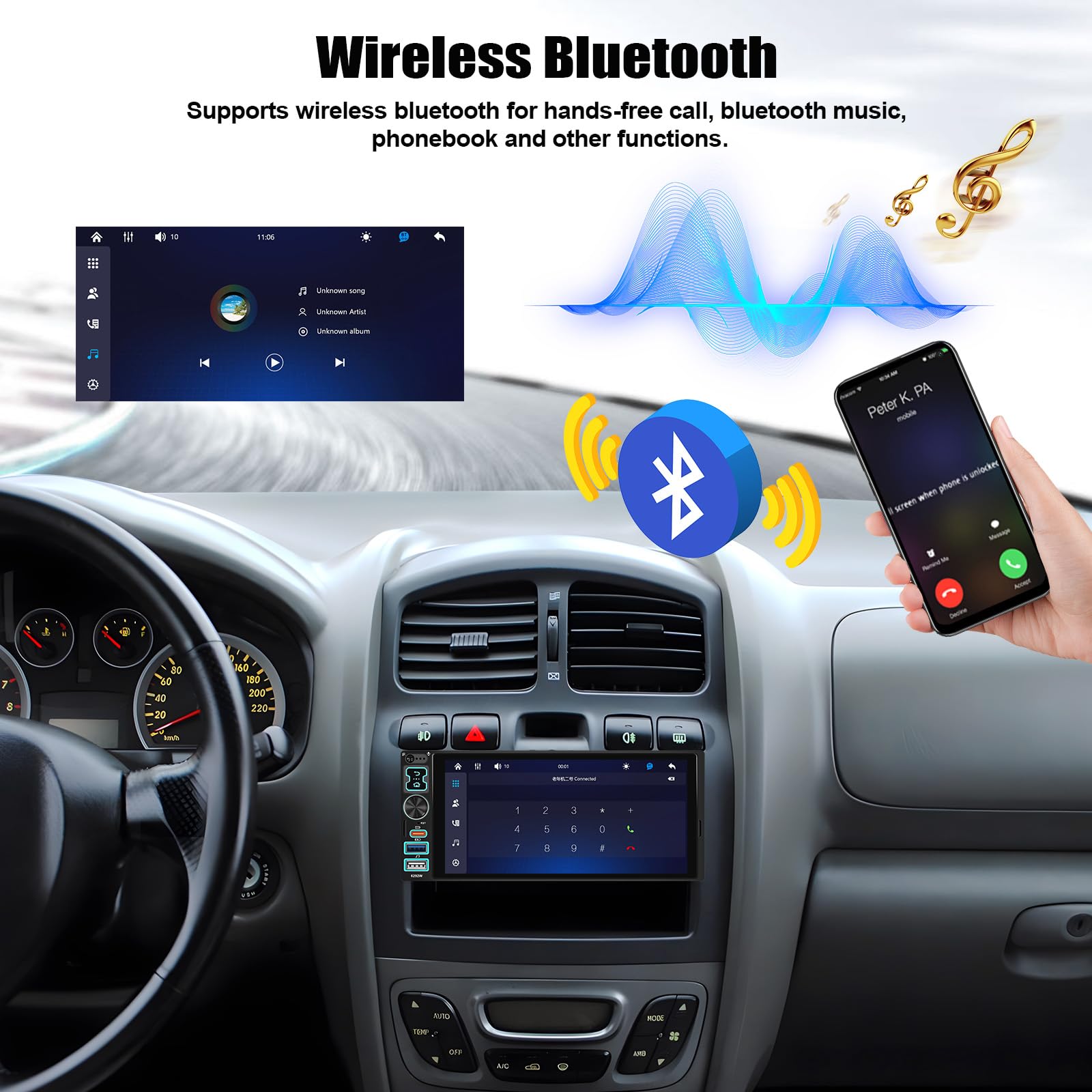 CAMECHO Autoradio 1 Din Wireless Carplay Android Auto Bluetooth 5.2 Radio con Schermo IPS Touchscreen HD da 6.8 Pollici con Mirror Link Comando al Volante + Connettori per Schede USB Type-c