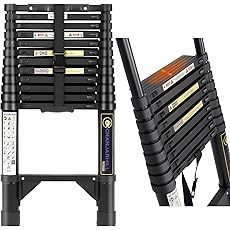 Telescoping Ladder, SocTone 12.5 FT Aluminum Lightweight Extension Ladder with 2 Triangle Stabilizers, Heavy Duty 330lbs Max Capacity, Multi-Purpose Collapsible Ladder for RV or Outdoor Work