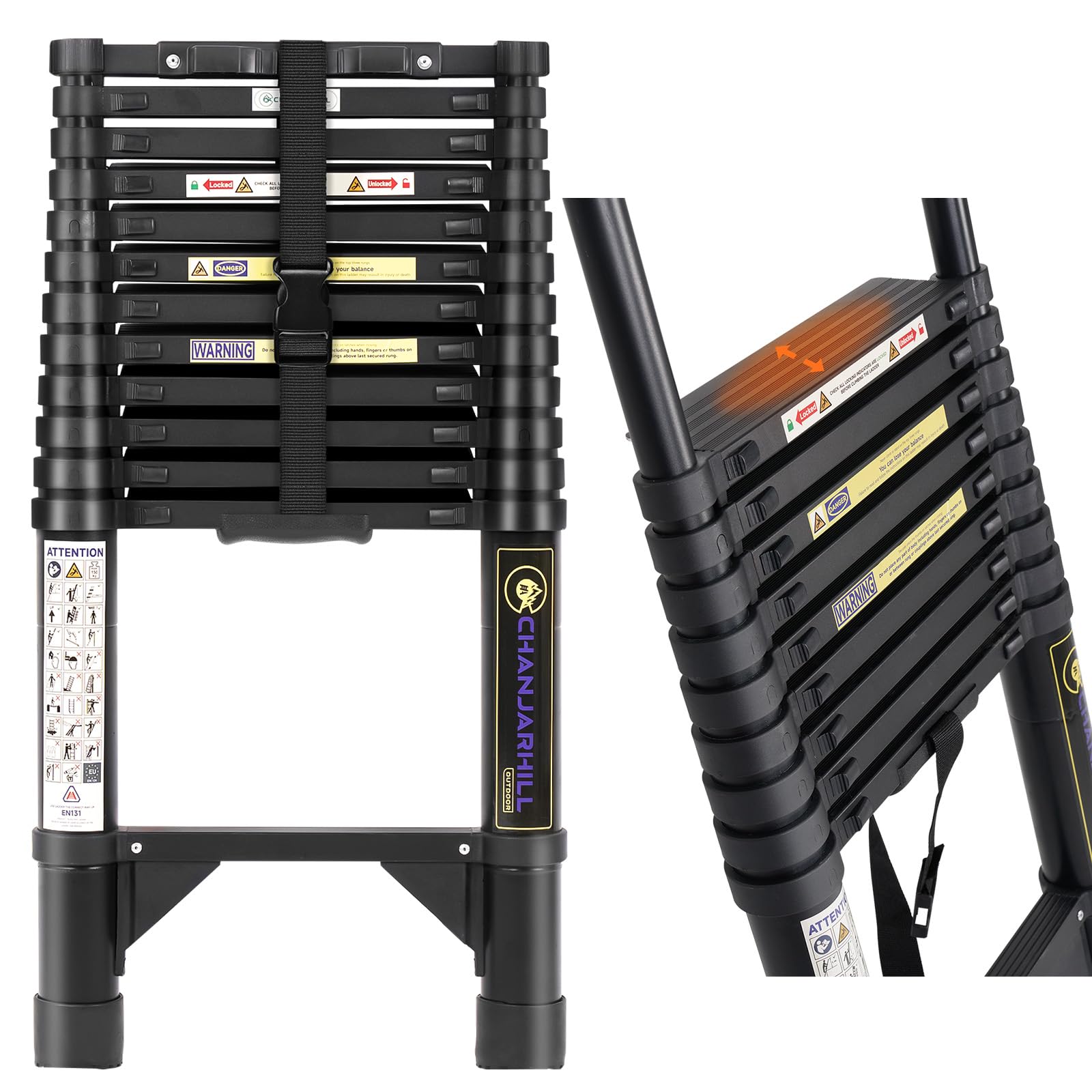 Telescoping Ladder, 12.5 FT Aluminum Lightweight Extension Ladder with Triangle Stabilizers and Hook, Heavy Duty 330lbs Max Capacity, Multi-Purpose Collapsible Ladder for Home Indoor and Outdoor Work