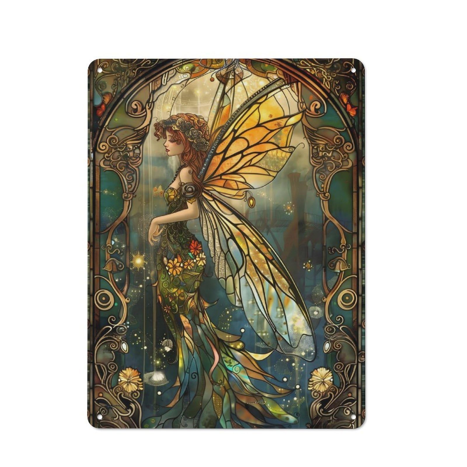 Junmoney Fairy Stained Glass Tin Wall Plaque 40X30cm With For Pub Or Café, Suited To Pub Decor Enthusiasts, For Retro Home Interiors