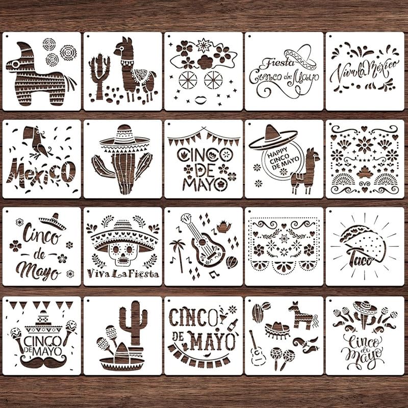 Devasya Crafts 20 Pieces Fiesta Stencil Template Cinco De Mayo Stencils Fiesta Stencil Reusable Stencil Drawing Template Set for Summer Cinco De Mayo DIY Art Notebook Greeting Card Scrapbook