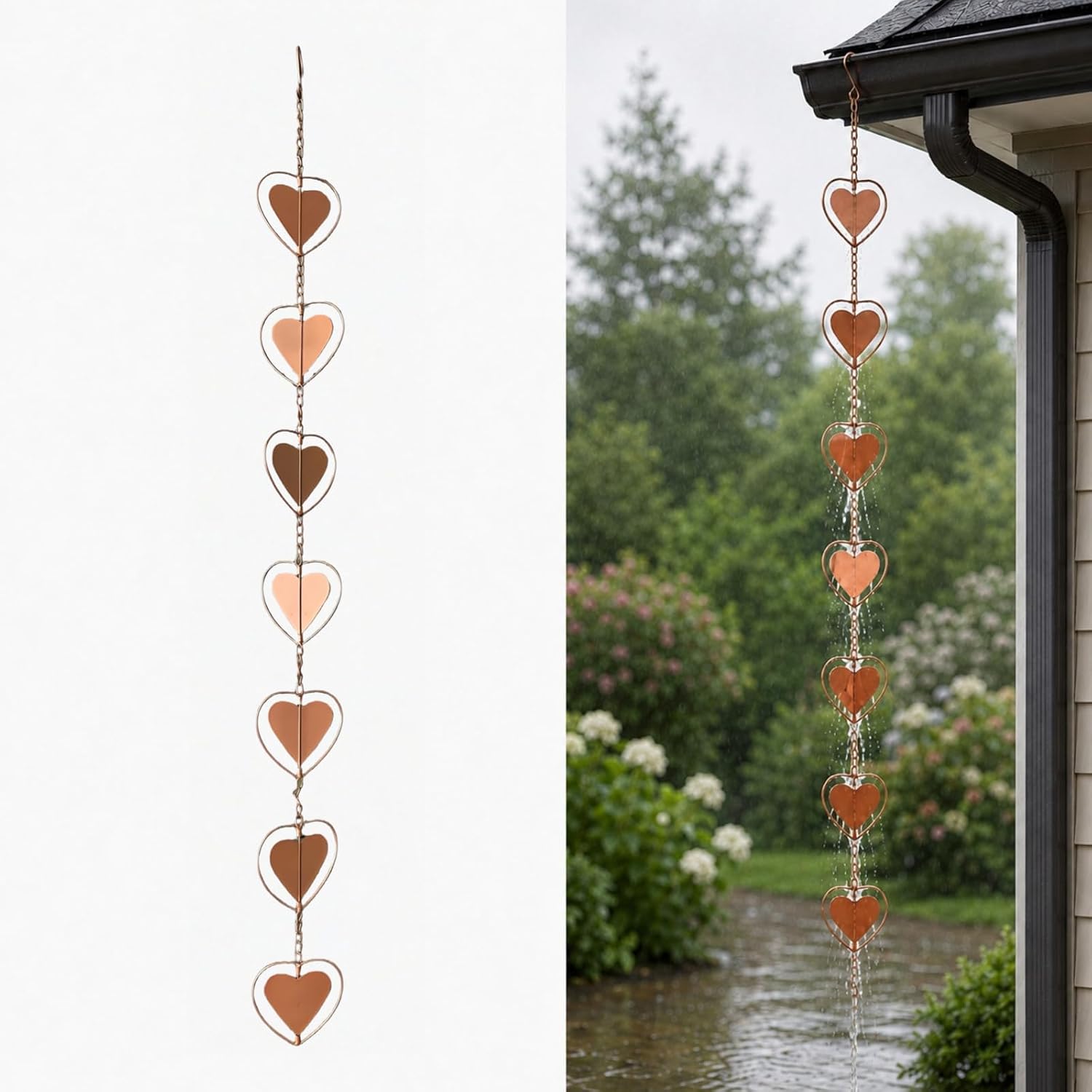 Hanging Rain Chains,Rustic Heart Rain Chain for Gutters 4.56FT, Creative Heart Bell Style Link Rain Chain with Metal Chains for for Office Window Stone Wall Decorative Wall Art Ornaments