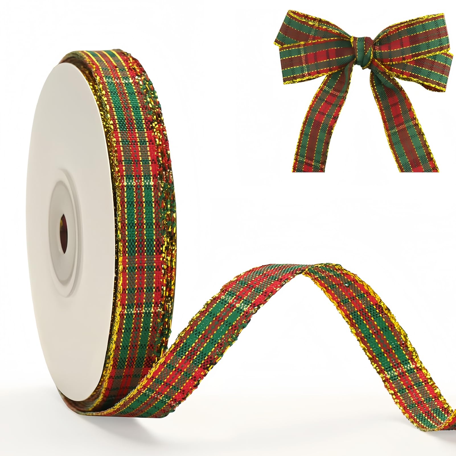 Christmas Plaid Ribbon, 10mm x 25 Yards Red Green Gold Tartan Ribbon for Gift Wrapping Crafts Wreath Bows