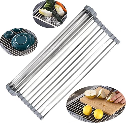 AMZALIBA Escurridor de platos enrollable sobre el fregadero, escurridor de platos enrollable de acero inoxidable para cocina, escurridor de platos