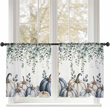 Blue Grey Pumpkins Fall Sheer Curtains 45 Inch Length 2 Panels Set, Thanksgiving Voile Window Treatment, Eucalyptus Leaves Rod Pocket Small Kitchen Curtains Drapes for Bedroom 52"x45"x2