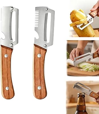 2 Pack 3-in-1 Multifunctional Vegetable Peeler – Stainless Steel Kitchen Peeler with Julienne Slicer & Bottle Opener, Ergonomic Wooden Handle for Potato, Fruit, Carrot, Pumpkin