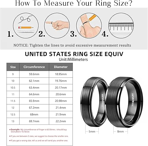 Miniatura 3 de JEROOT Anillo magnético de titanio negro de 0.315 pulgadas para hombres, anillo magnético de titanio puro de plata de 0.197 in para mujer, anillo