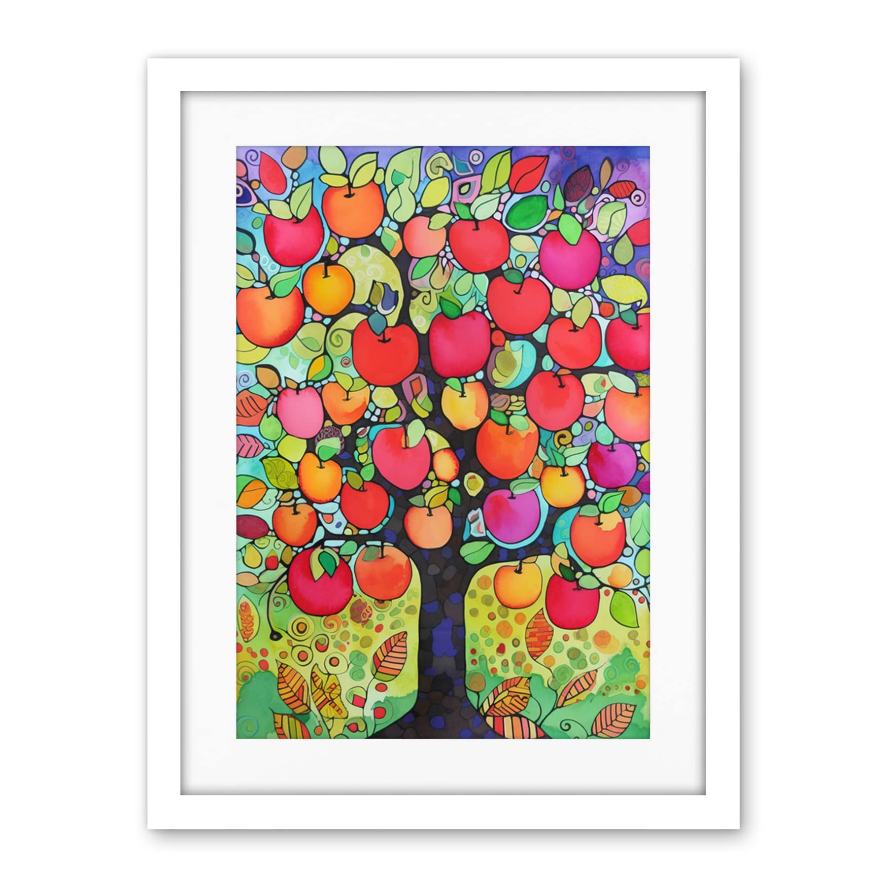Artery8 Apple Tree Folk Art Bright Watercolour Painting Artwork Framed Wall Art Print 18X24 Inch