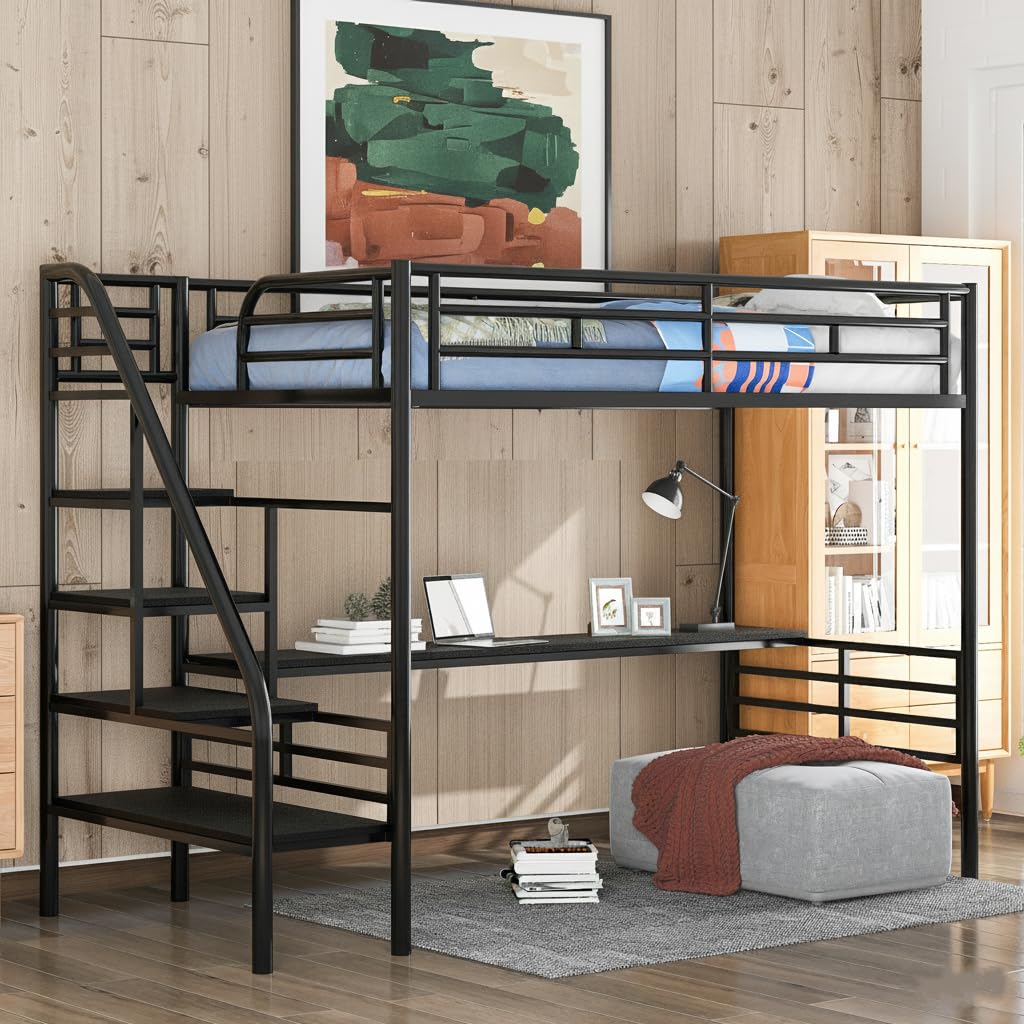 Twin Loft Bed with Desk and Stairs,Metal Twin Size Loft Bed for Kids, High Loft Bed Frame Space Saving, No Box Spring Needed
