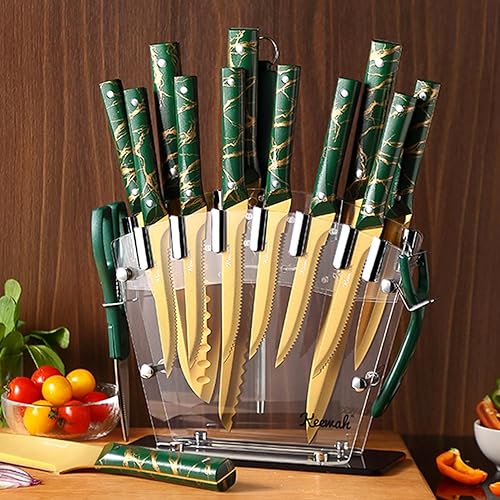 Miniatura 7 de Keewah Juego de cuchillos, juego de cuchillos de cocina de 16 piezas con soporte acrílico, dorado