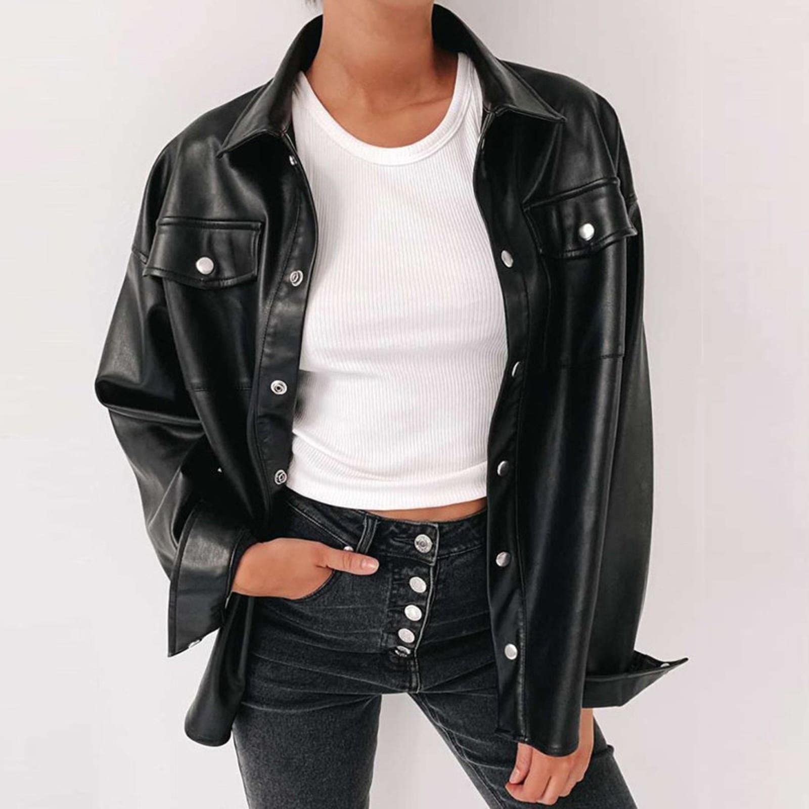 ZXCL Punk Style Women Autumn Leather Jacket Turn-down Collar