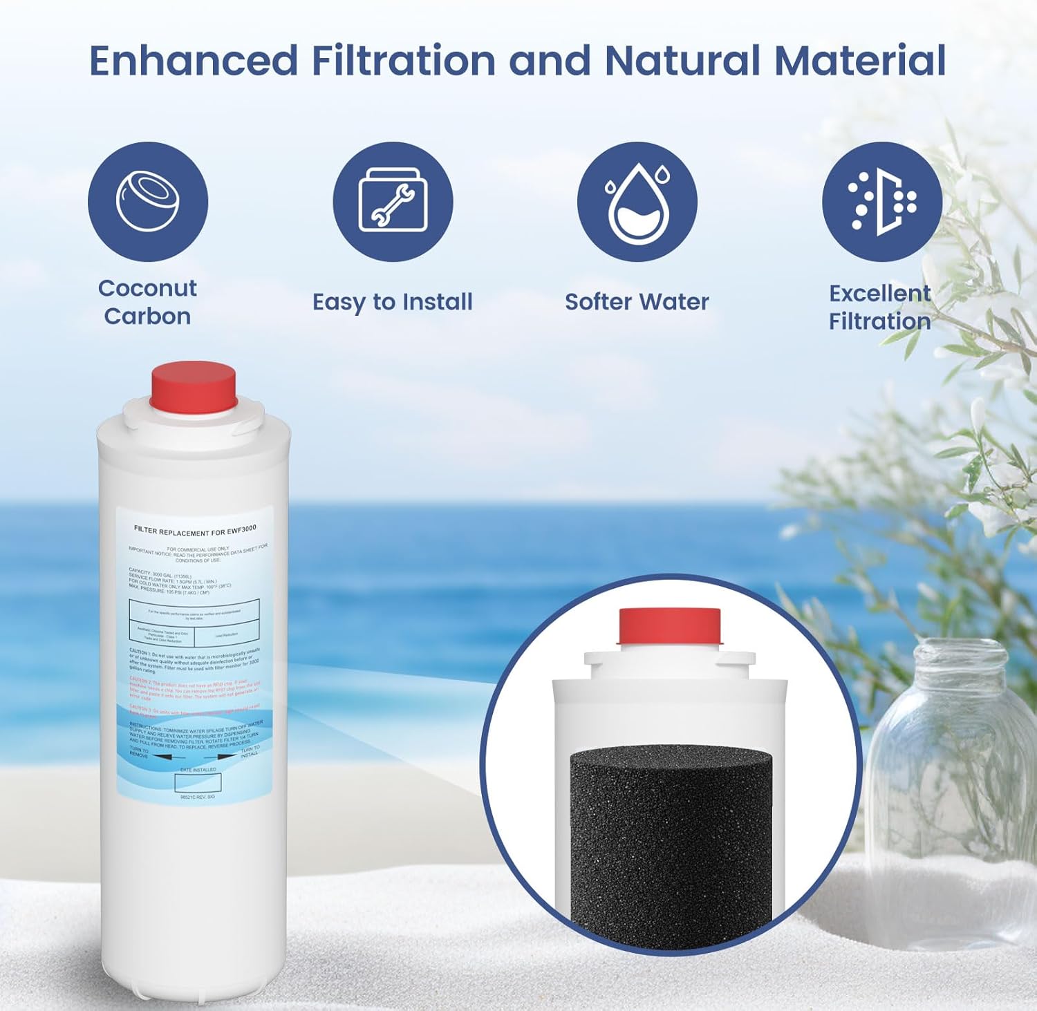 51300C Water Replacement Filter (No Chip) Compatible with Elkay 51300C EWF3000 Ezh20 Bottle Filling Station, 3000 Gallon Water Filter Replacement for ERF750, 51299C, 55898C 4 Pack